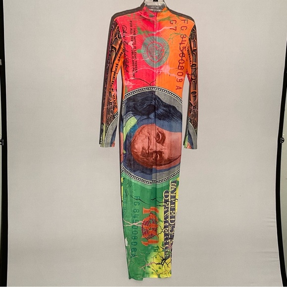 No 1 Los Angeles Long Sleeve Stretch Dollar Print Mesh Bodycon Sexy Maxi Dress - Picture 10 of 14